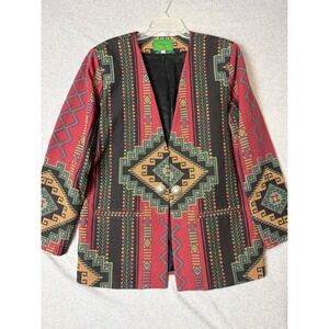 Wraps Vintage Southwestern Tapestry Blazer Jacket Red Black Concho Buttons L